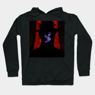 Beautiful girl in strange dark suit, with face mask. Red castle or rock on background. Red, blue. Dark, dim. Hoodie